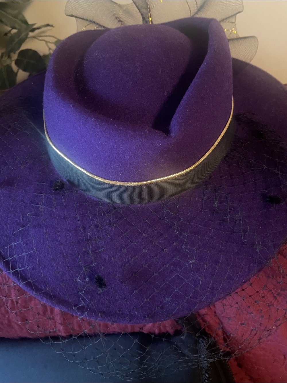 Elegant Purple Wool Veiled Women's Hat